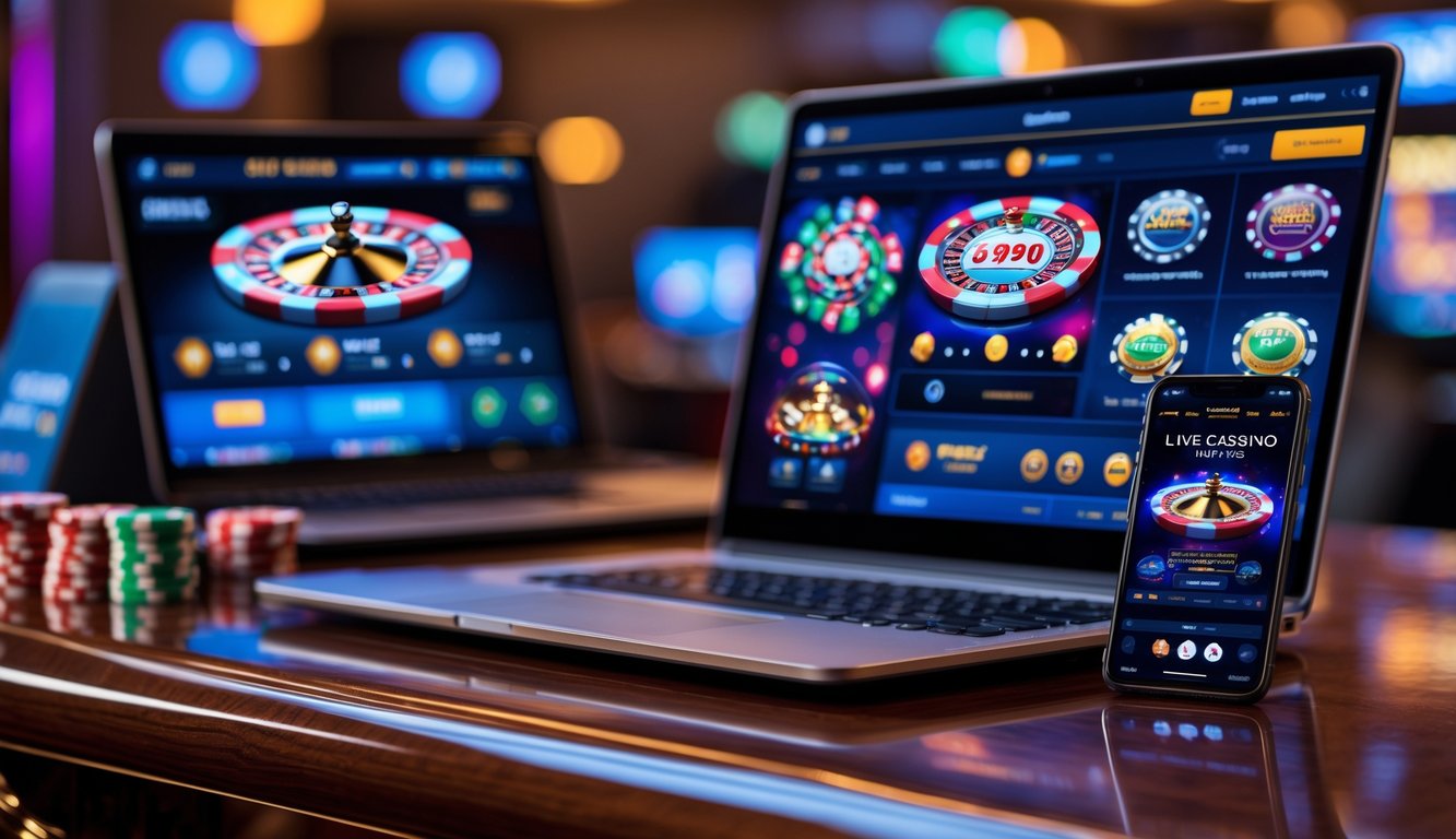 Tampilan platform kasino online dengan permainan interaktif dan dealer langsung di laptop dan ponsel.