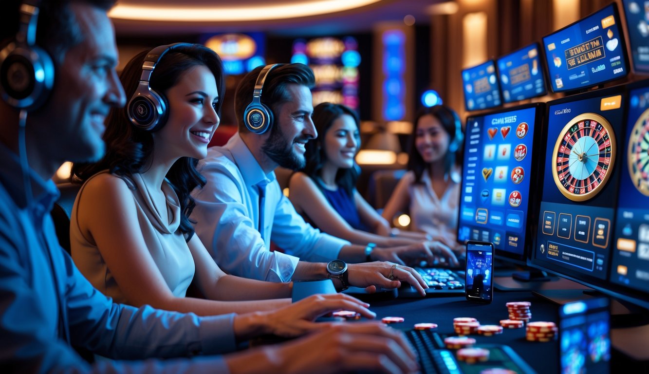 Sekelompok orang bermain game kasino online secara langsung dengan ekspresi antusias di lingkungan kasino modern.