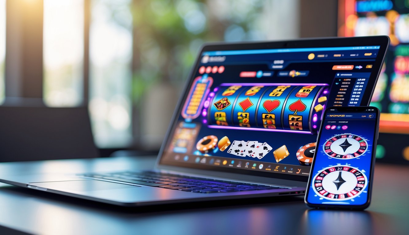 Seorang pengguna sedang bermain permainan kasino langsung secara online menggunakan laptop dan ponsel di ruang kerja modern.