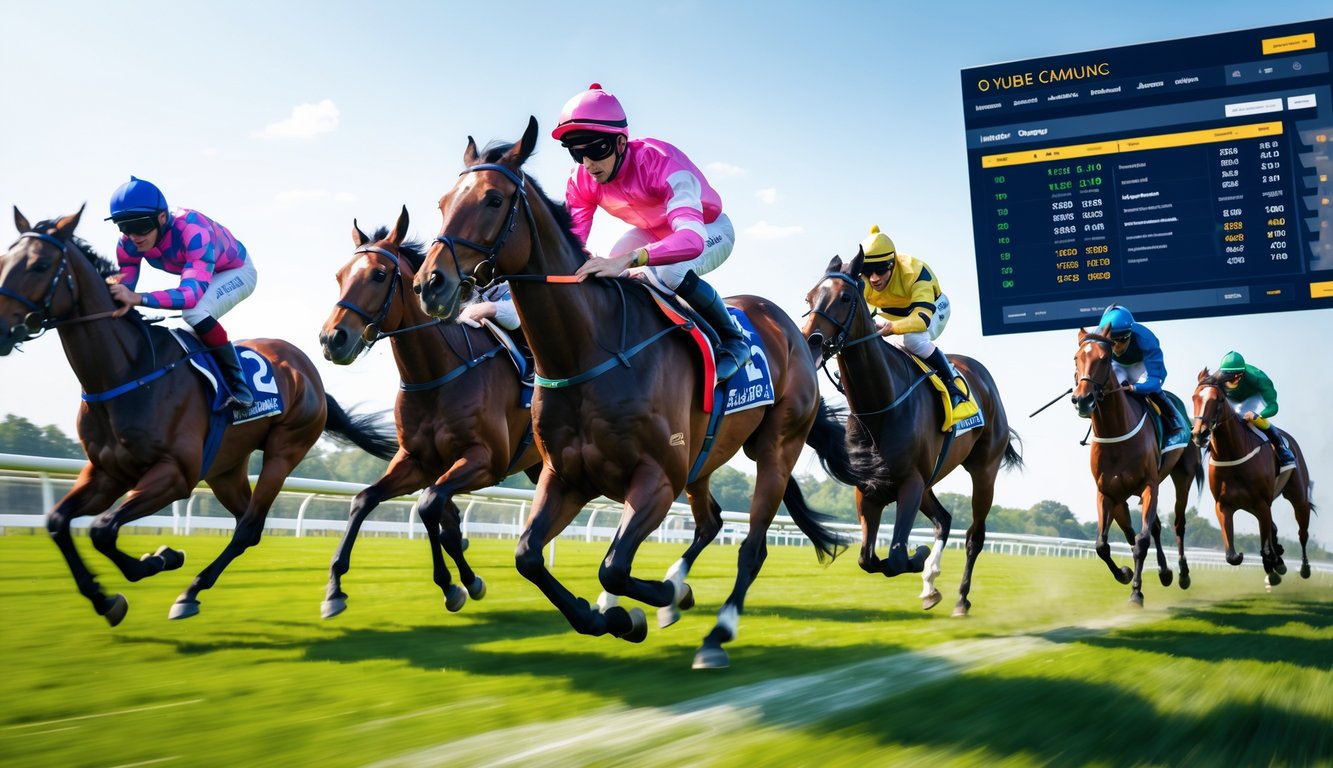 Beberapa kuda pacuan berlari cepat di lintasan hijau dengan joki mengenakan pakaian balap berwarna-warni.