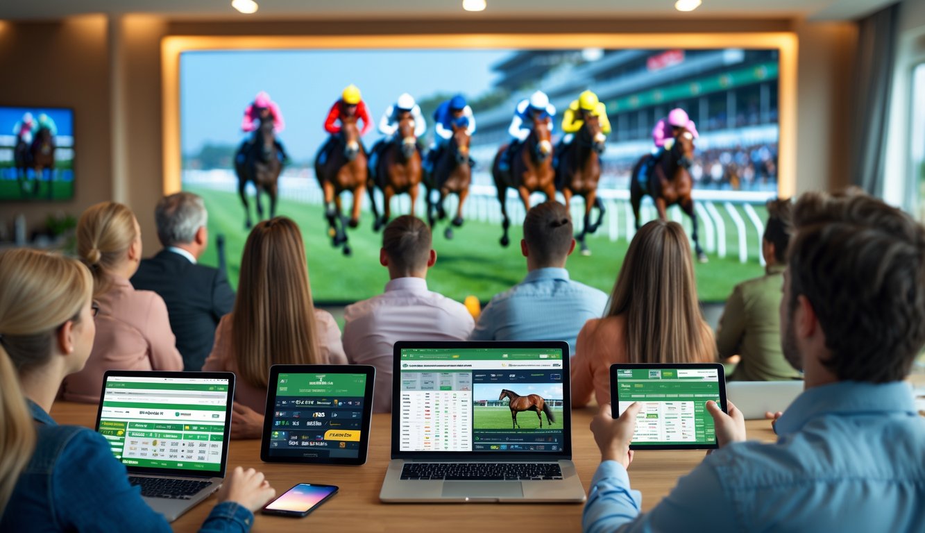 Sekelompok orang menonton balap kuda secara online dengan perangkat digital di ruangan modern yang terang.