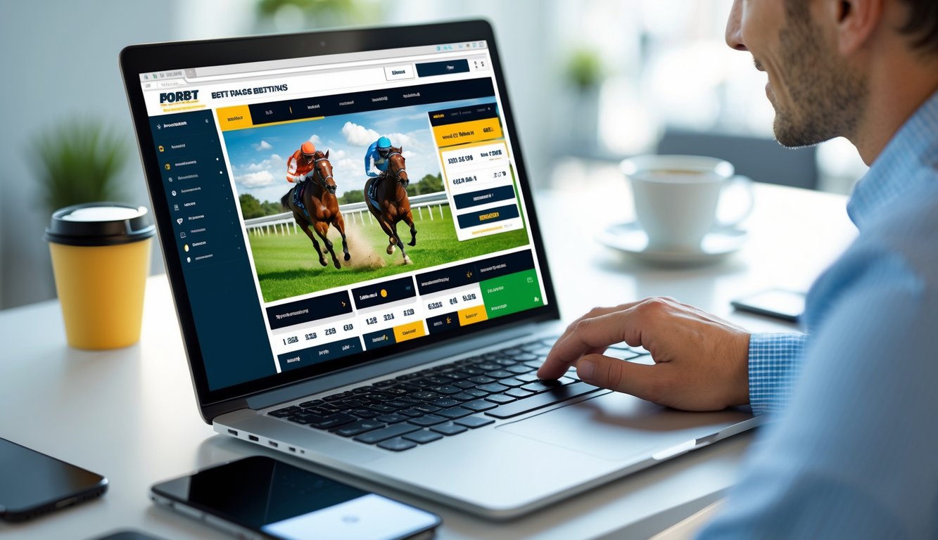 Seorang pria menggunakan laptop di meja kerja dengan tampilan situs taruhan balap kuda online di layar.