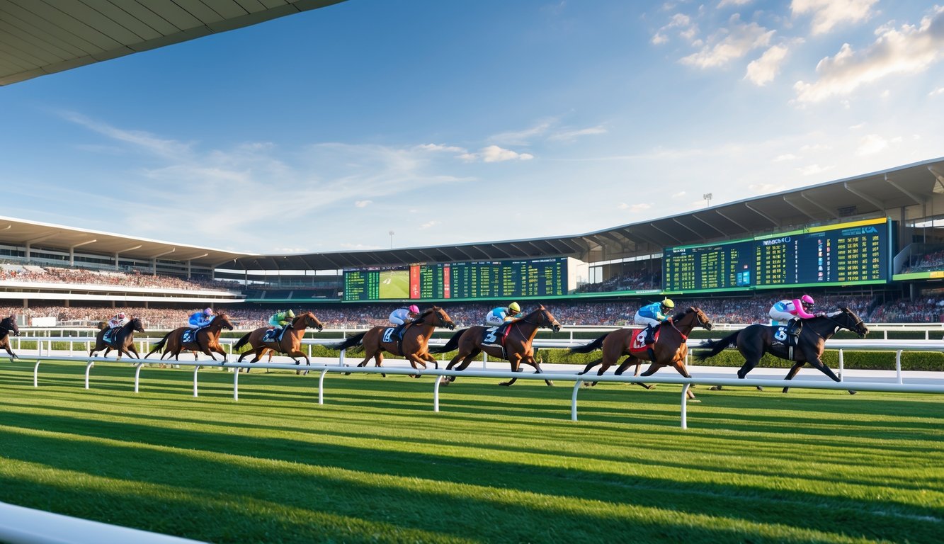 Arena balap kuda modern dengan kuda berlari di lintasan dan penonton di tribun.