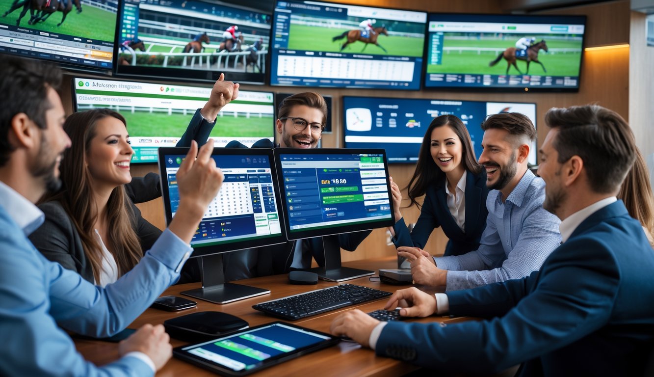 Sekelompok orang antusias menggunakan komputer dan ponsel untuk memasang taruhan balap kuda secara online.