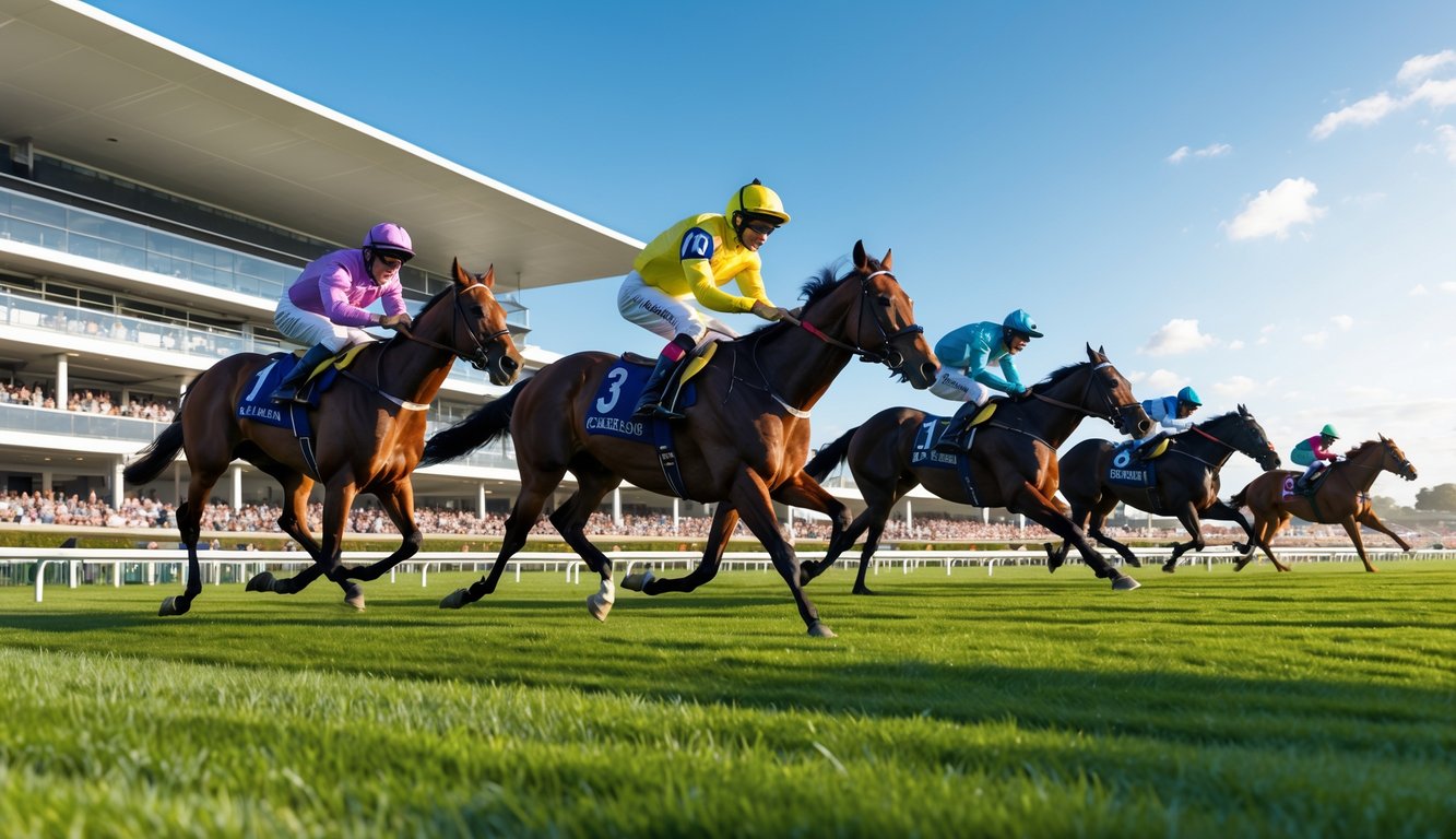 Balapan kuda di lintasan dengan joki mengenakan pakaian berwarna-warni dan penonton di tribun yang ramai.