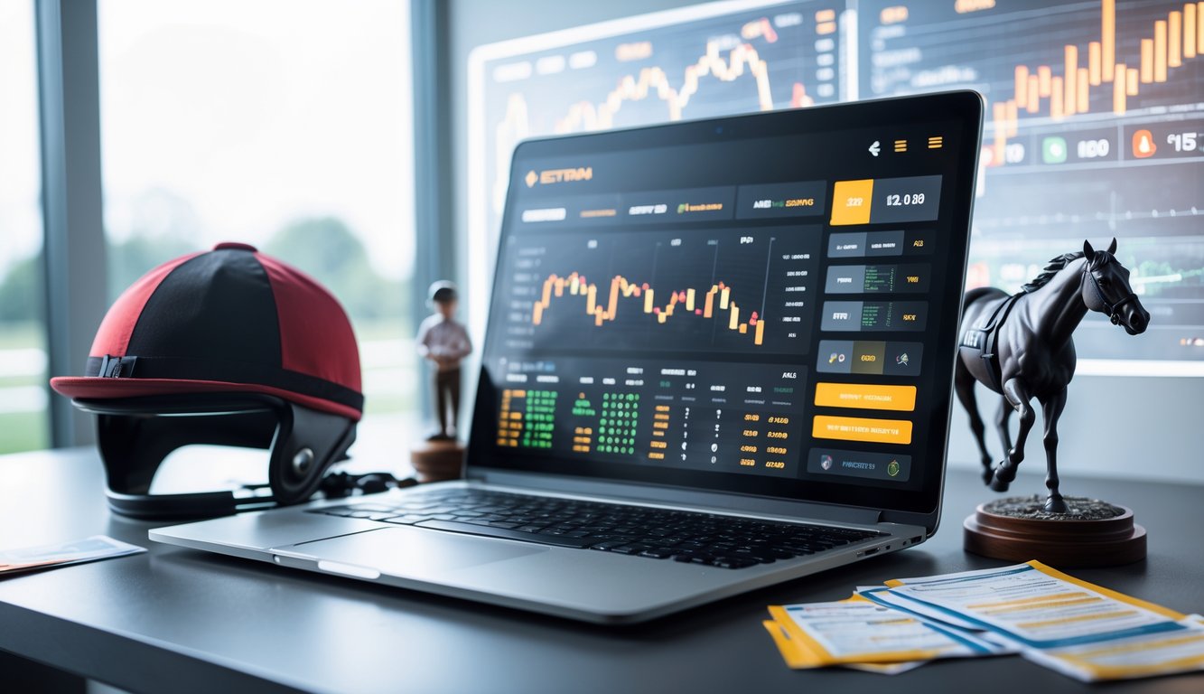 Seorang pengguna di depan laptop dengan tampilan platform taruhan balap kuda online, dikelilingi oleh helm joki dan figur kuda, menunjukkan suasana taruhan balap kuda interaktif.