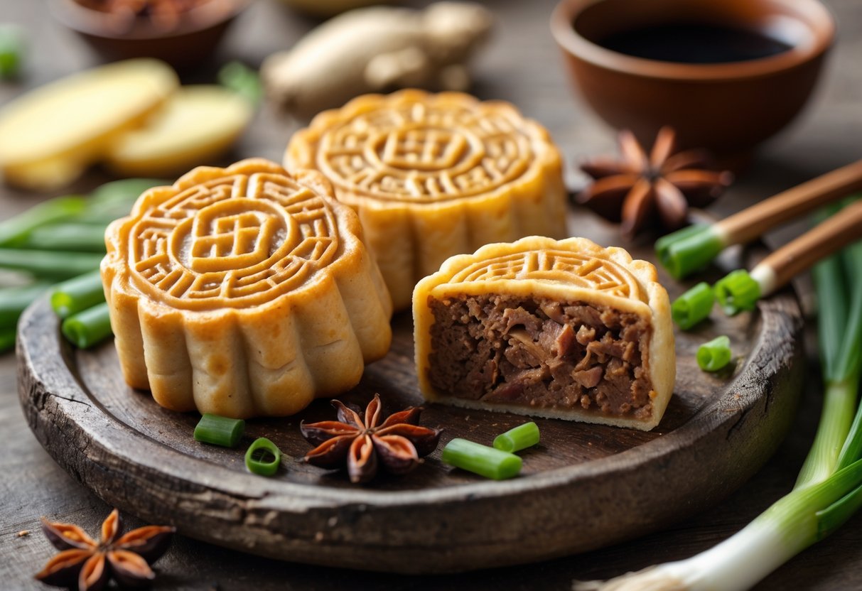 A wooden platter with golden Shanghai pork mooncakes, some cut open to show the pork filling, accompanied by tea cups and a bowl of sauce.