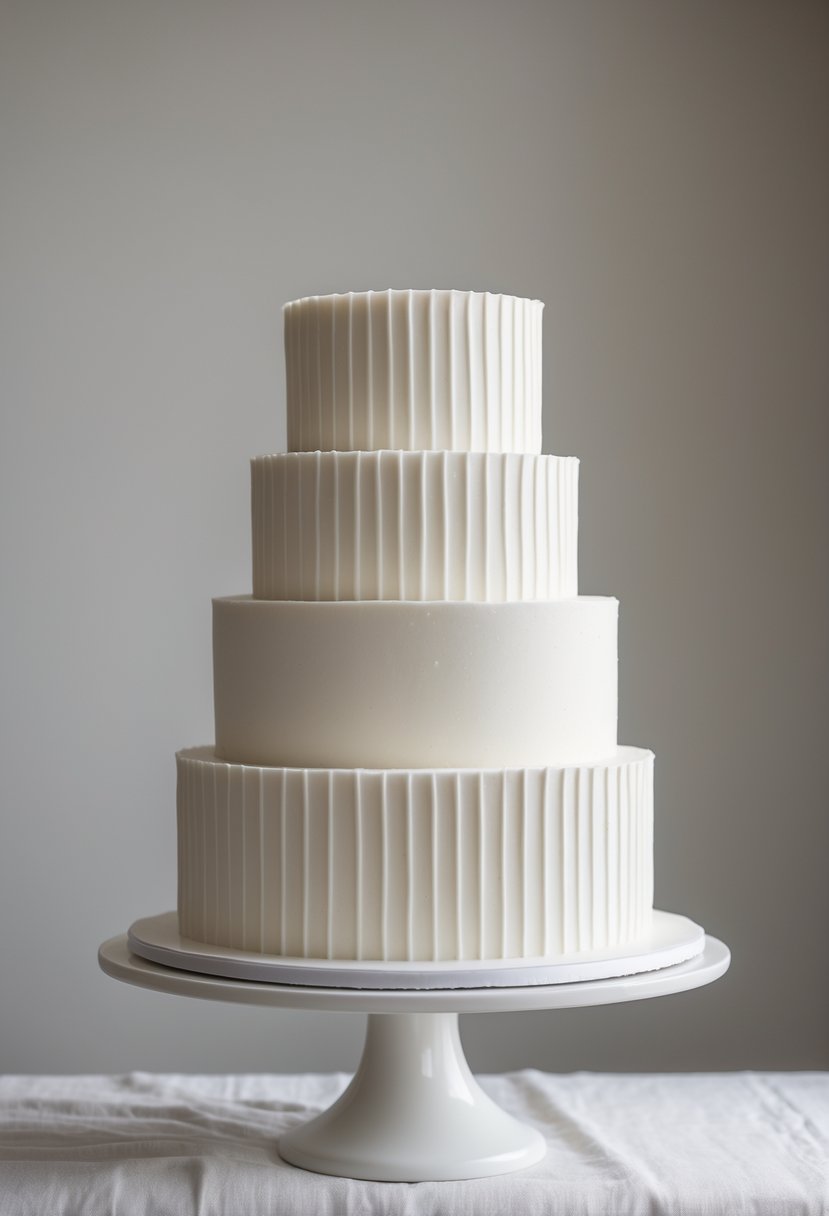 A four-tier white wedding cake with subtle ridged lines on each tier, displayed on a white cake stand against a neutral background.