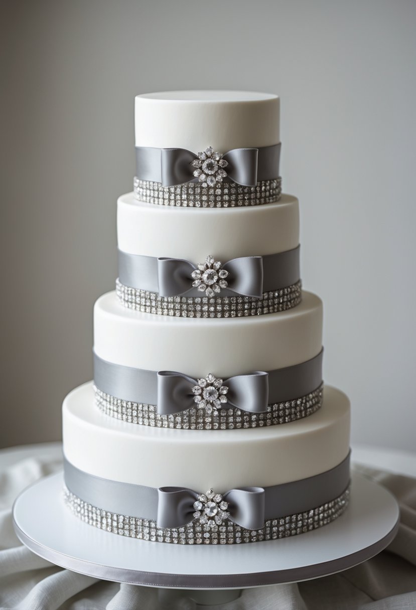 A four-tier wedding cake wrapped with gray satin ribbons and decorated with crystal brooches.