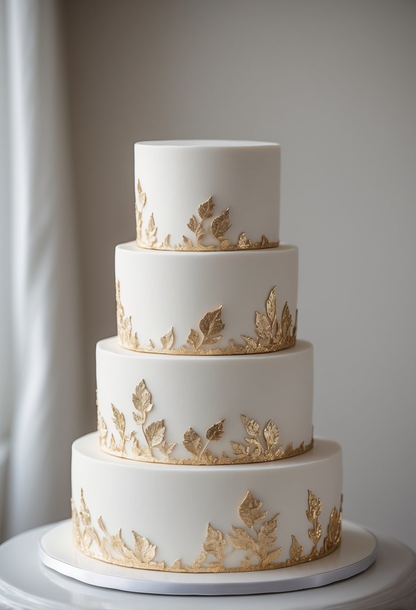 A four-tier white wedding cake with delicate gold leaf decorations on a light background.