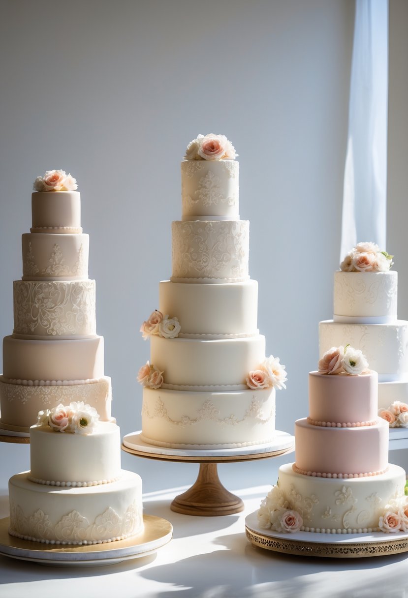 Fifteen four-tier wedding cakes with smooth fondant and lace patterns displayed together on a clean surface.