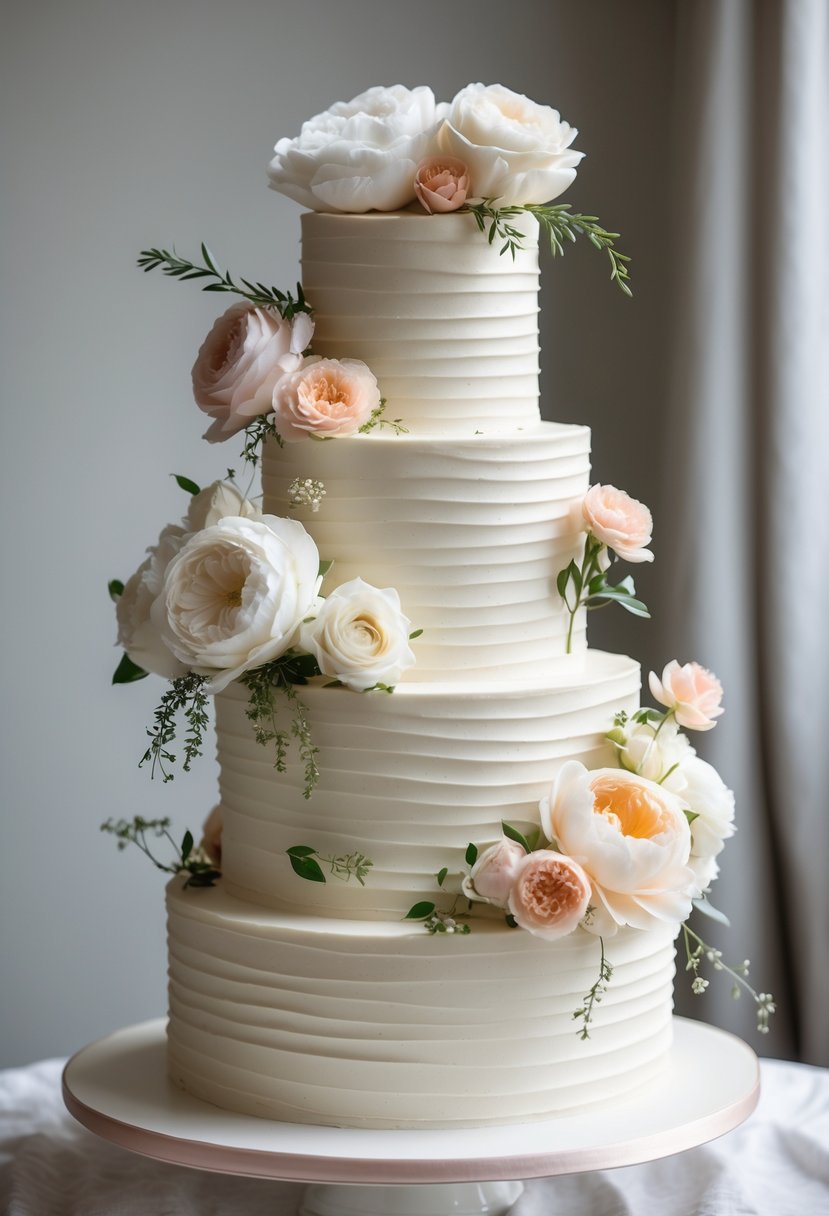 A four-tier wedding cake with buttercream icing and fresh flowers cascading down the side.