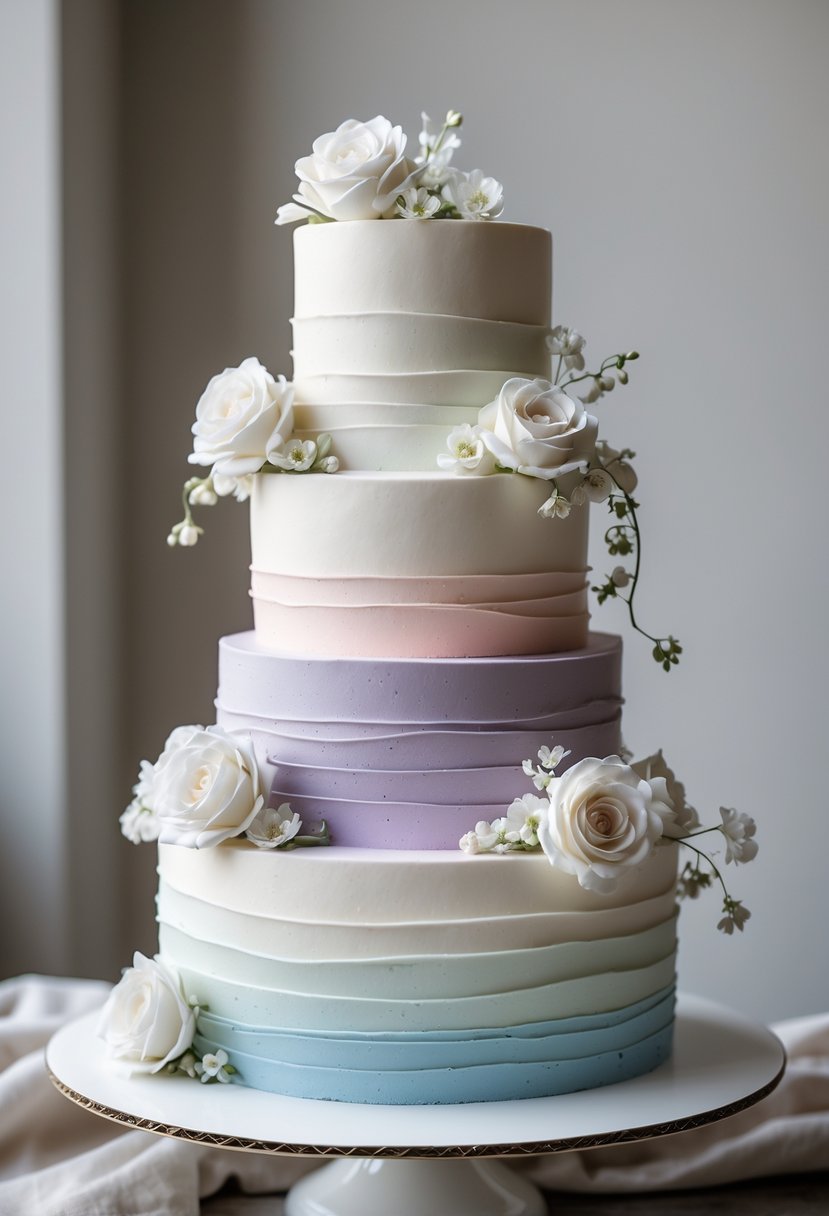A four-tier white wedding cake with pastel ombre layers and white flowers on a white stand.