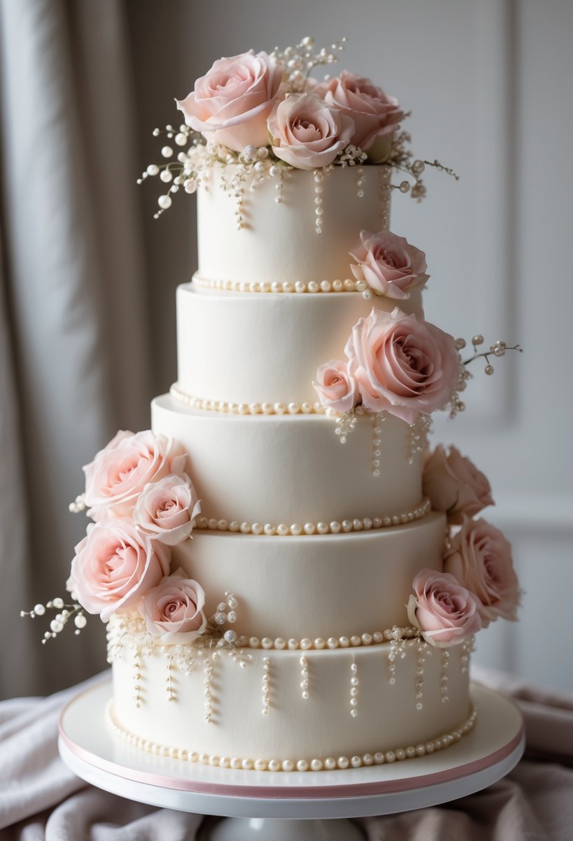 A four-tier wedding cake decorated with edible pearls and soft blush roses on a white cake stand.
