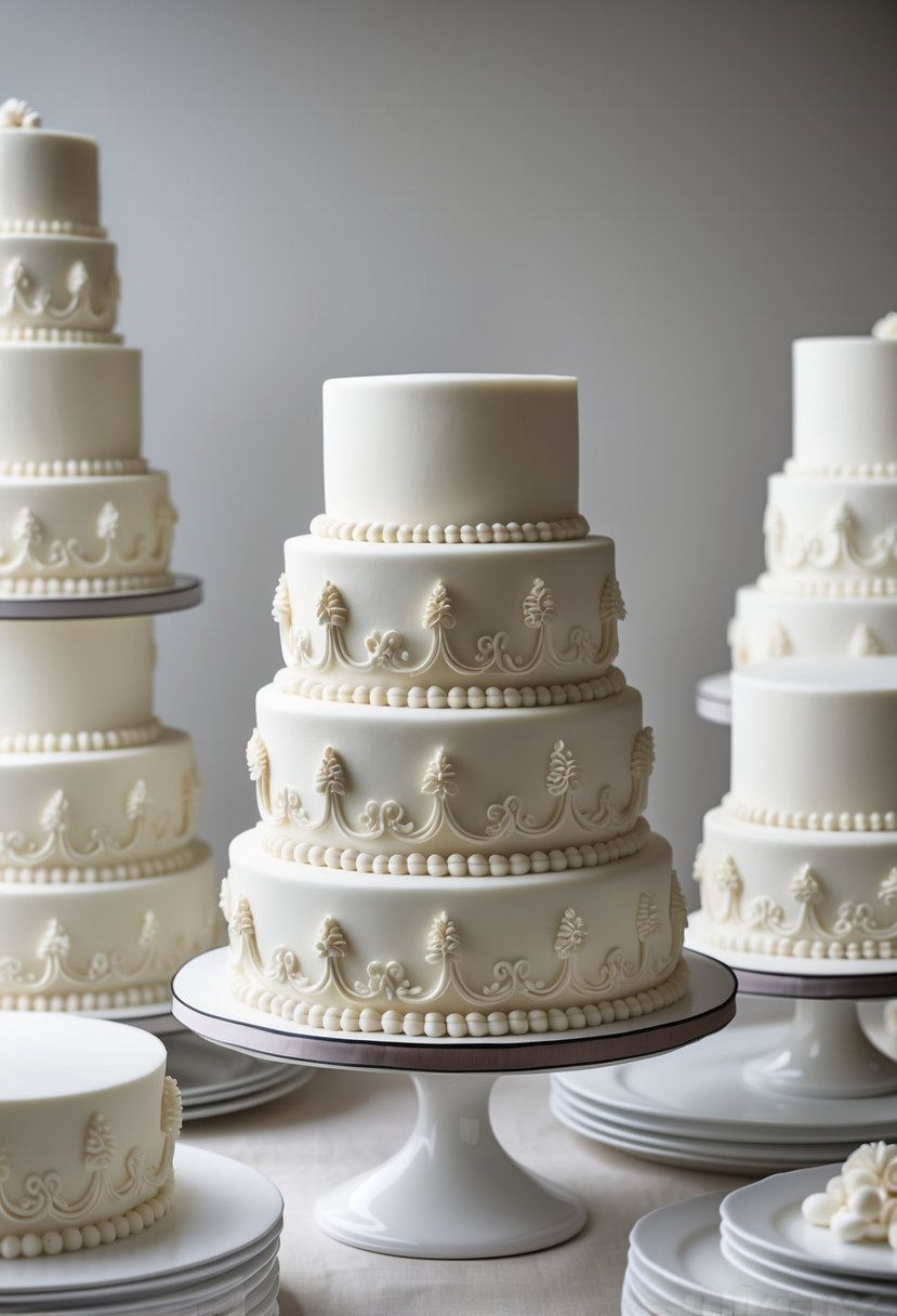 A display of fifteen four-tier round wedding cakes decorated with piped scroll designs.