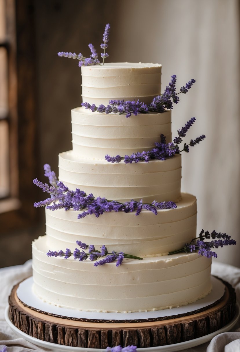 A four-tier wedding cake with buttercream frosting topped with fresh lavender sprigs.