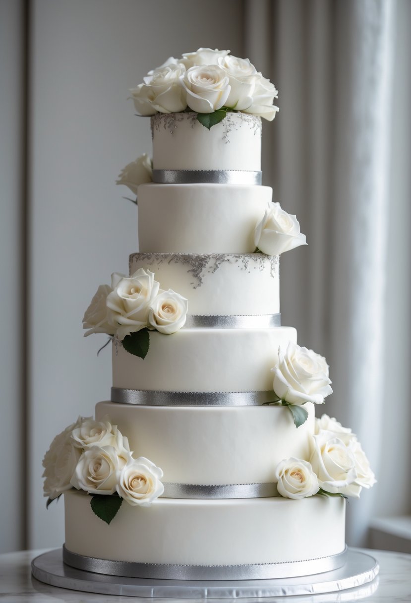 A four-tier wedding cake decorated with white roses and silver accents on a white surface.