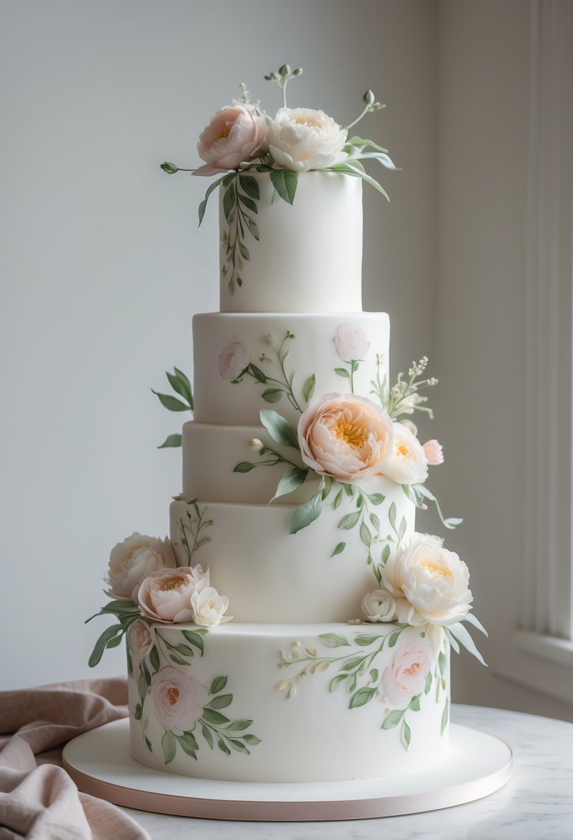 A four-tier white wedding cake decorated with delicate hand-painted flowers.