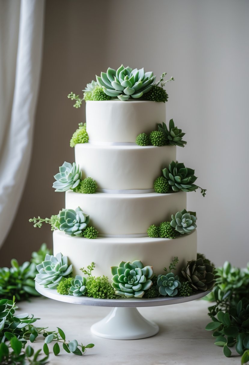 A four-tier white wedding cake decorated with fresh green succulents and greenery on a white cake stand.