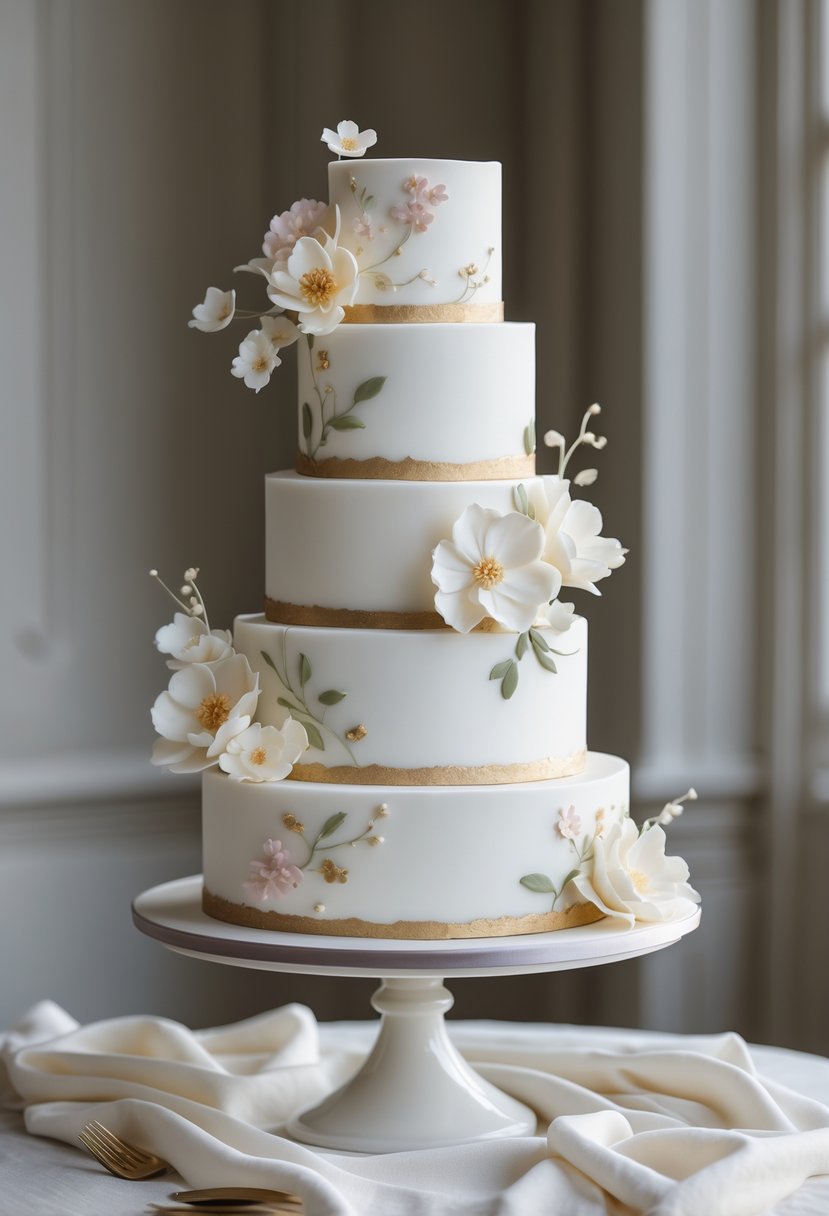 A multi-tiered white wedding cake with hand-painted floral decorations and sugar flowers on a cake stand.