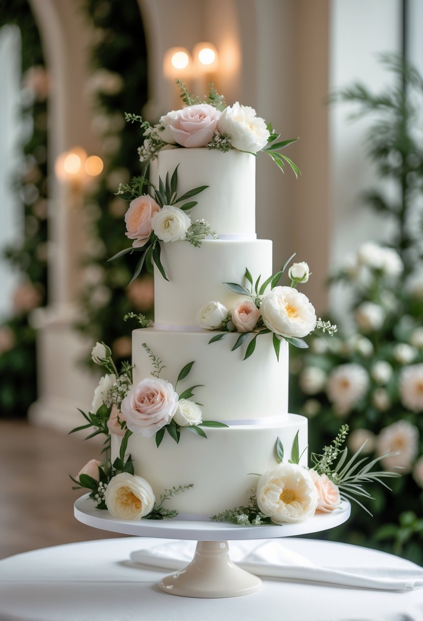 A three-tiered wedding cake decorated with fresh flowers on a white tablecloth in a wedding venue.