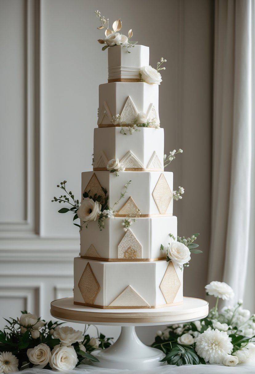 A multi-tiered hexagon-shaped wedding cake decorated with white and gold icing and floral accents on a white stand.