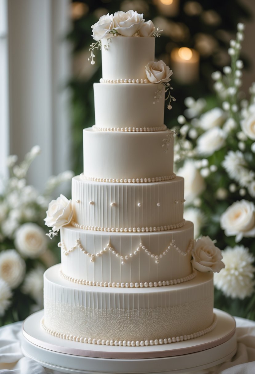 A multi-tiered wedding cake decorated with sugar pearls on each layer, displayed on a white cake stand with floral decorations in the background.