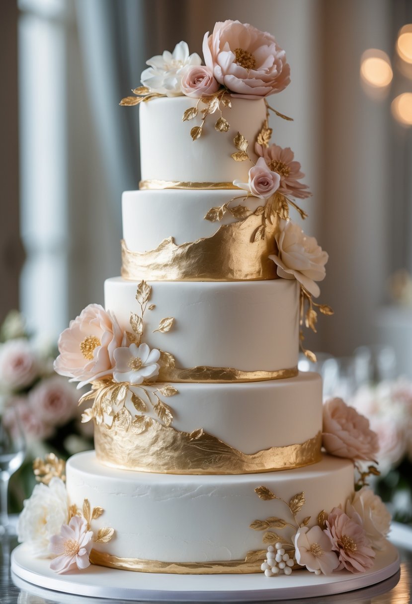 A multi-tiered wedding cake decorated with edible gold leaf and pastel flowers on a blurred background.
