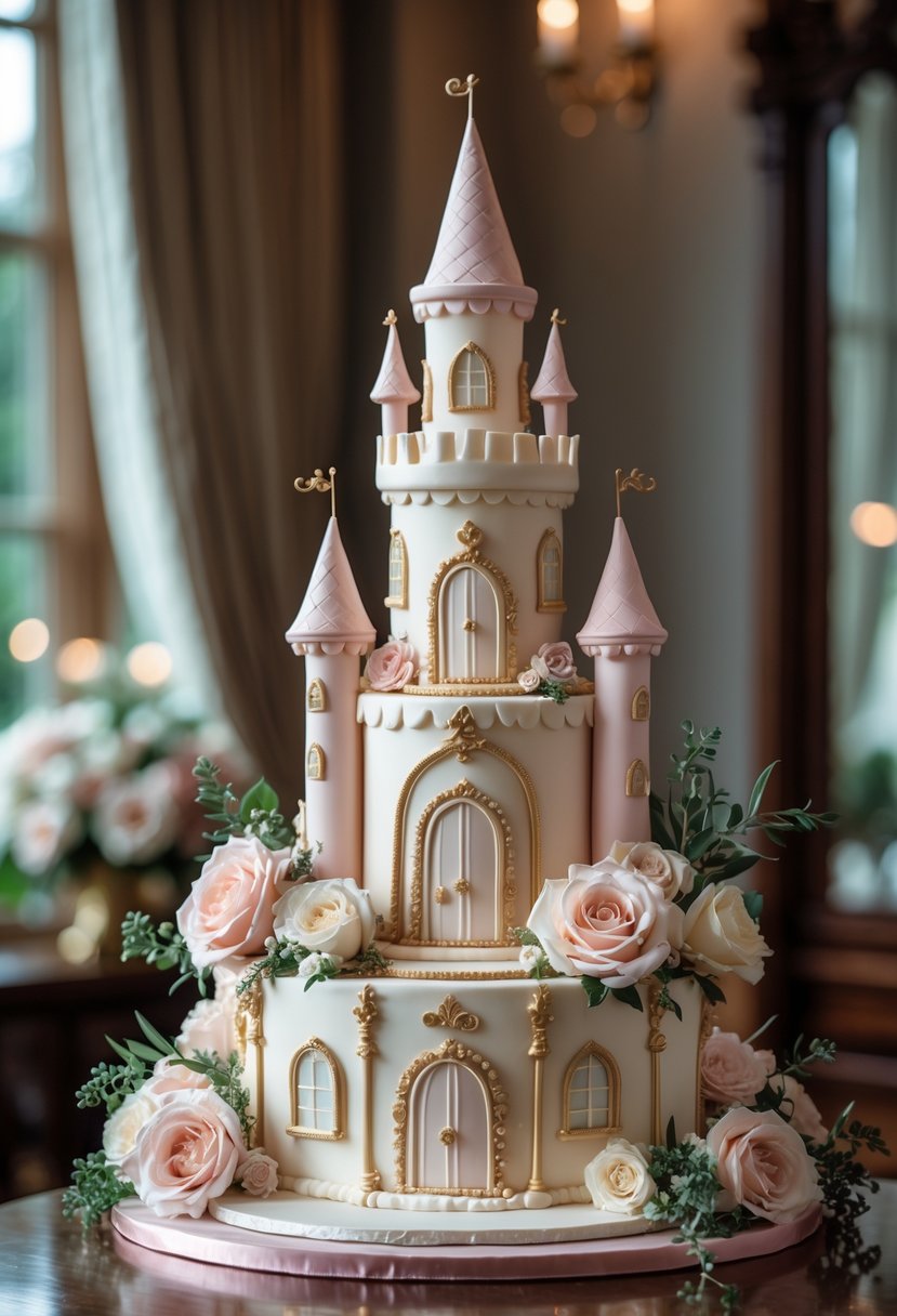 A multi-tiered wedding cake shaped like a fairytale castle with detailed turrets and decorative elements on a table with flowers.