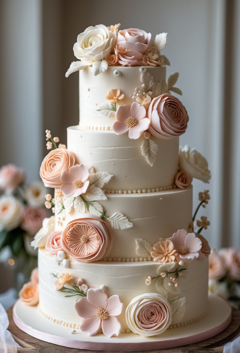 A tiered wedding cake decorated with buttercream floral appliques in soft pastel colors.