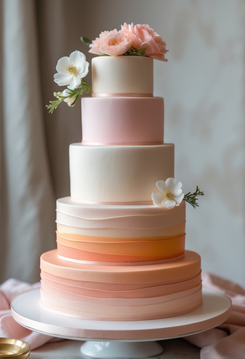 A multi-tiered wedding cake with smooth ombre gradient icing transitioning from light pink to coral, decorated with fresh flowers and gold accents.