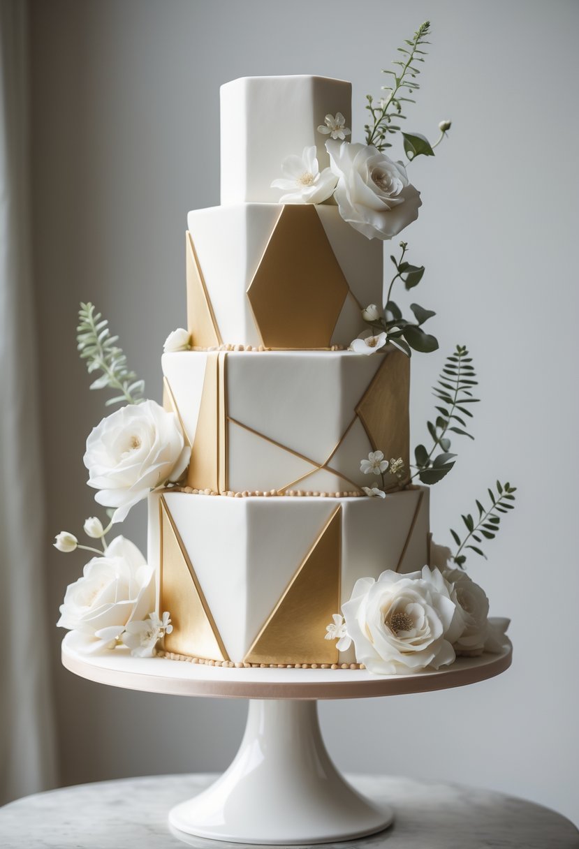 A multi-tiered wedding cake with geometric shapes and floral decorations on a white pedestal.