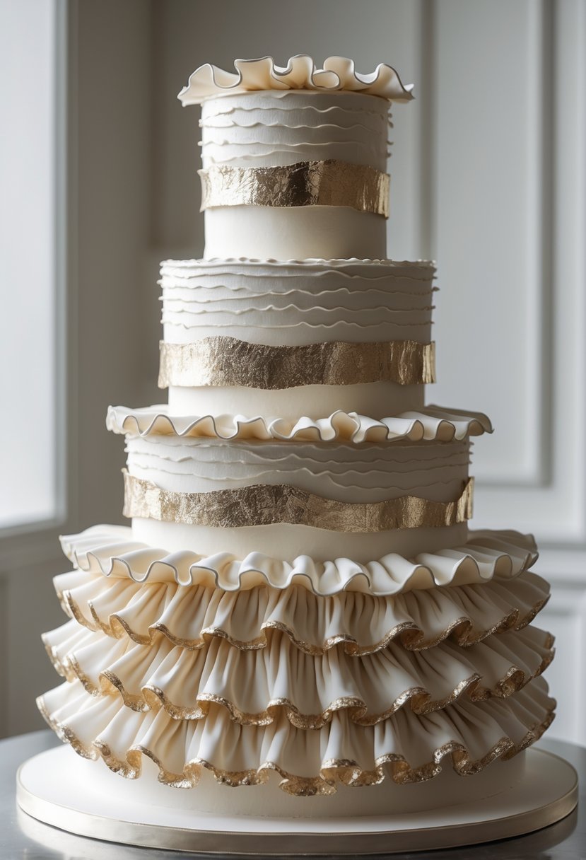 A multi-tiered wedding cake decorated with textured ruffles and metallic accents on a plain background.