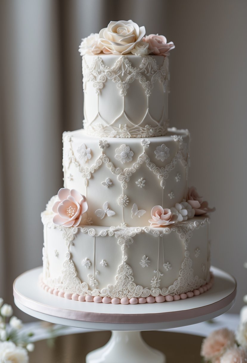 A multi-tiered white wedding cake decorated with intricate lace-like piping and floral details on a white cake stand.