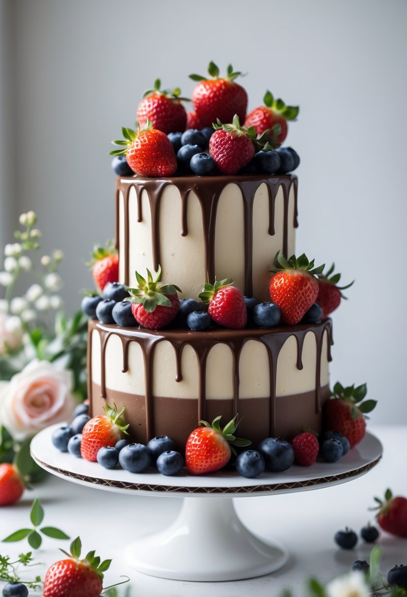 A multi-tiered wedding cake with chocolate ganache dripping down the sides and fresh berries on top.