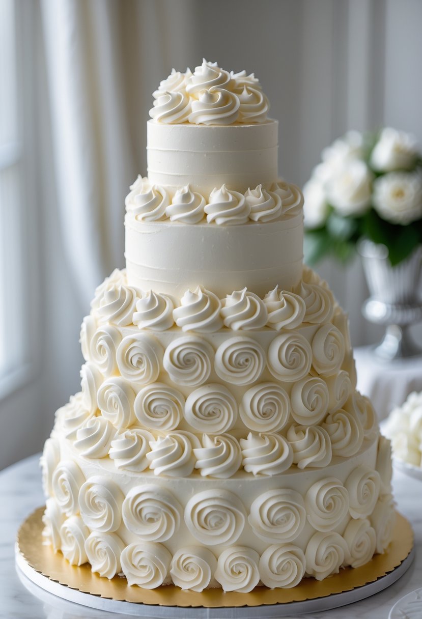 A multi-tiered wedding cake decorated with detailed buttercream rosette swirls on a table.