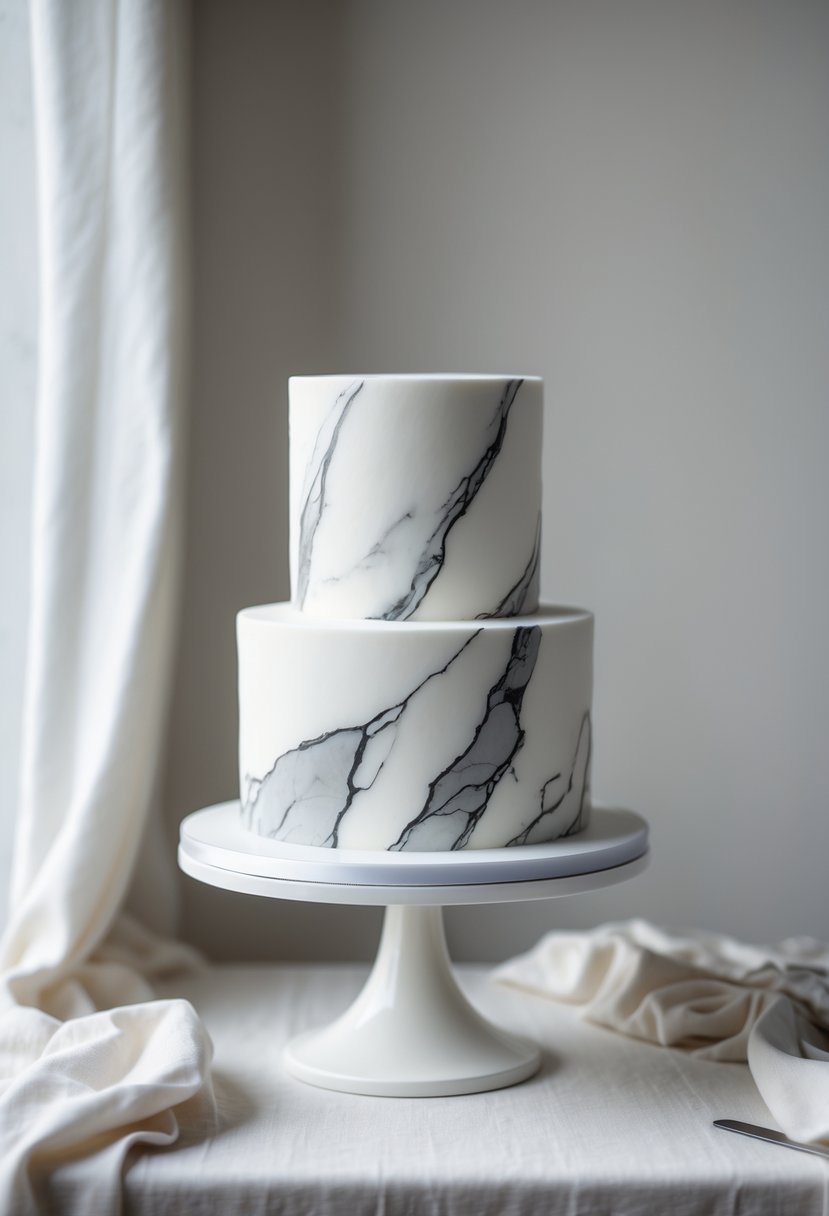 A two-tier wedding cake with a white and gray marble pattern on a white stand against a neutral background.