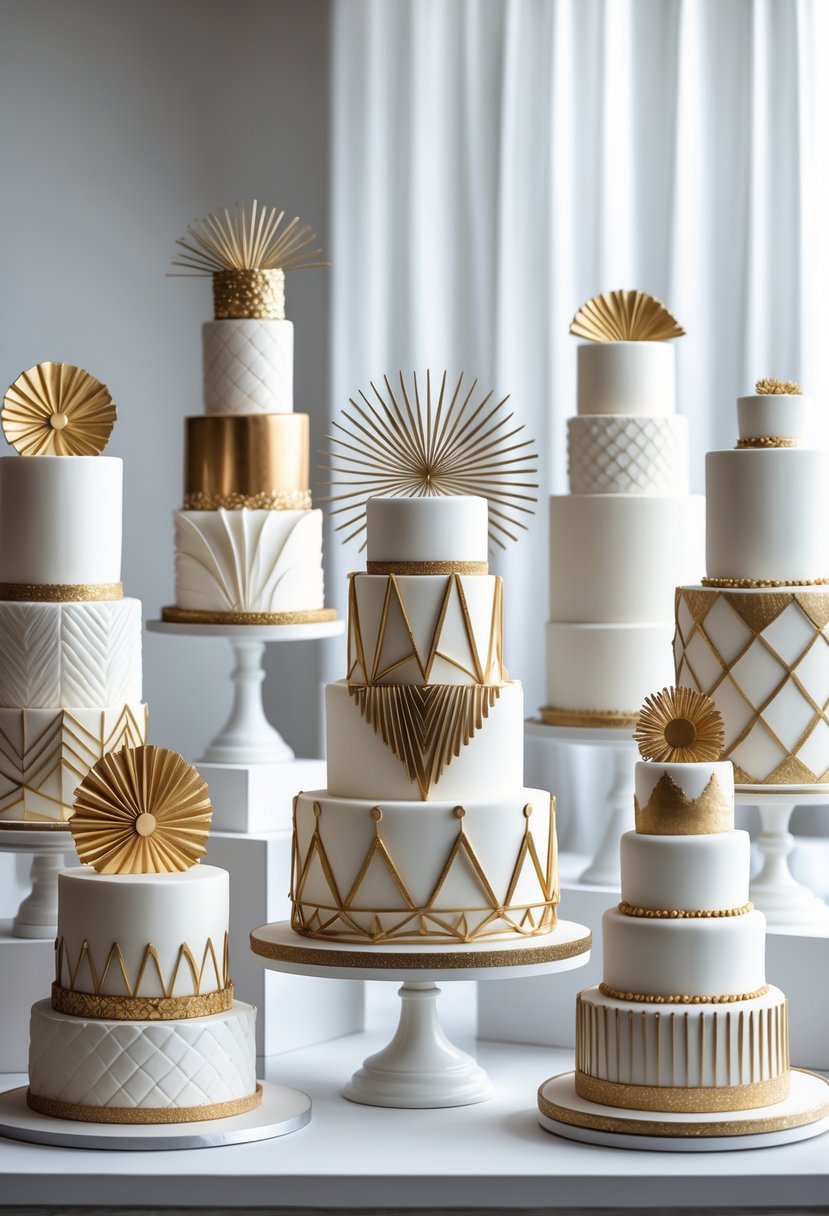 A display of eighteen elegant wedding cakes with multiple tiers, decorated with detailed patterns and gold accents, arranged on white pedestals in a bright studio.