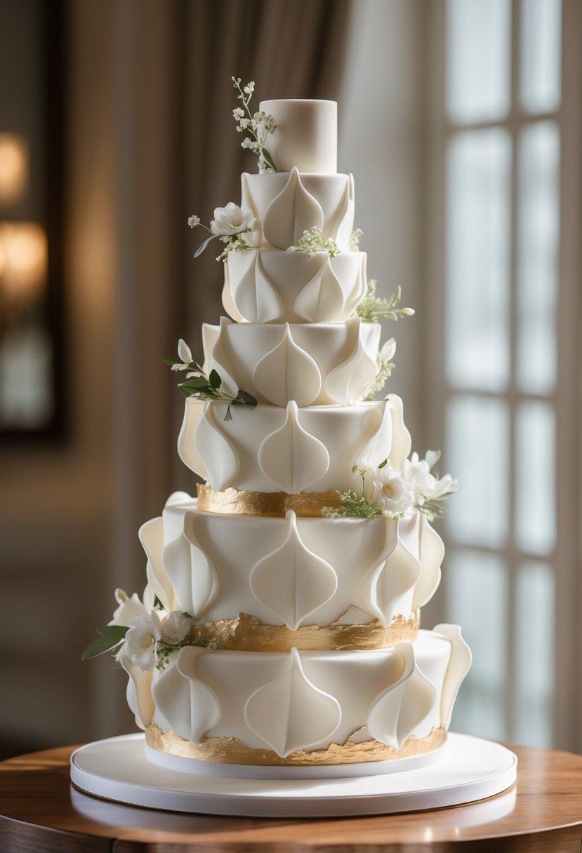 A tall, multi-tiered white wedding cake with petal-shaped layers, decorated with small flowers and greenery on a wooden table.