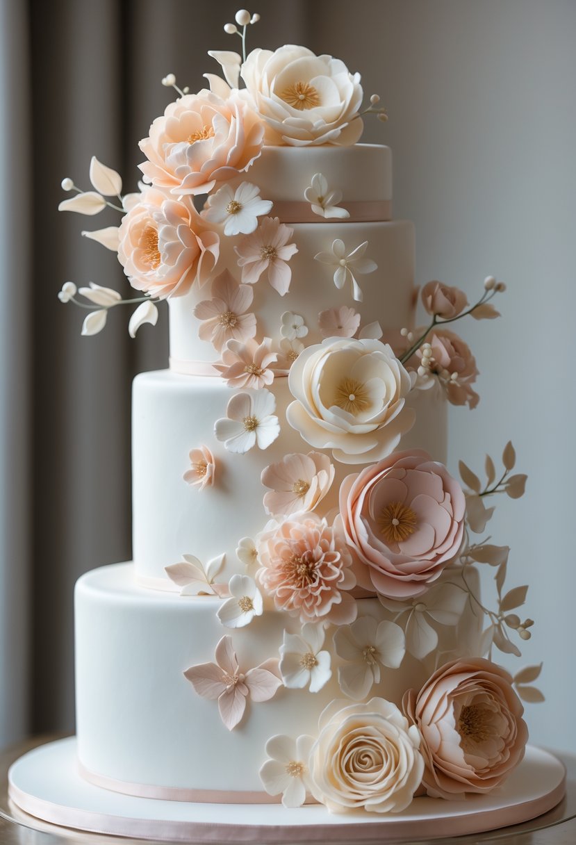 A multi-tiered white wedding cake decorated with a flowing cascade of realistic sugar flowers in soft pastel colors.