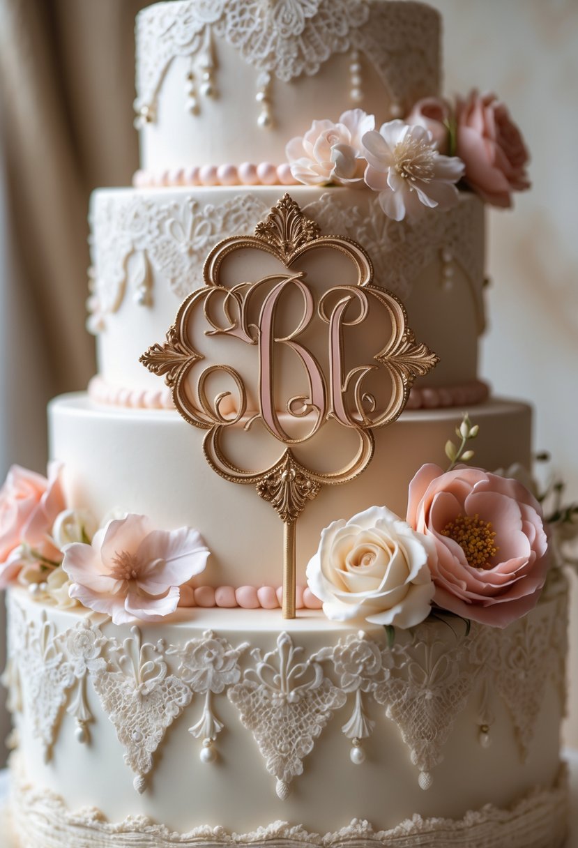 A multi-tiered wedding cake with floral decorations and an ornate monogrammed cake topper.