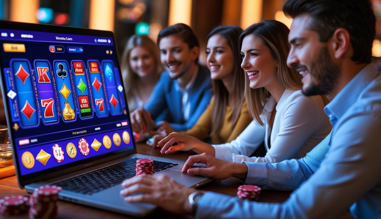 Orang-orang bermain permainan kasino online di depan komputer dengan suasana hangat dan menyenangkan.