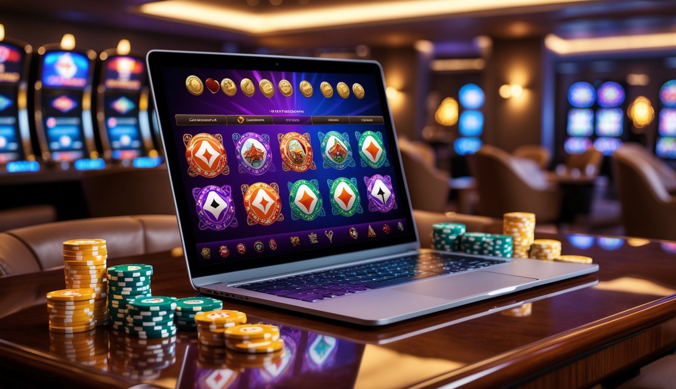 Sebuah layar komputer menampilkan berbagai permainan kasino online dengan chip poker, kartu, dan dadu di atas meja kayu di ruangan kasino yang mewah.