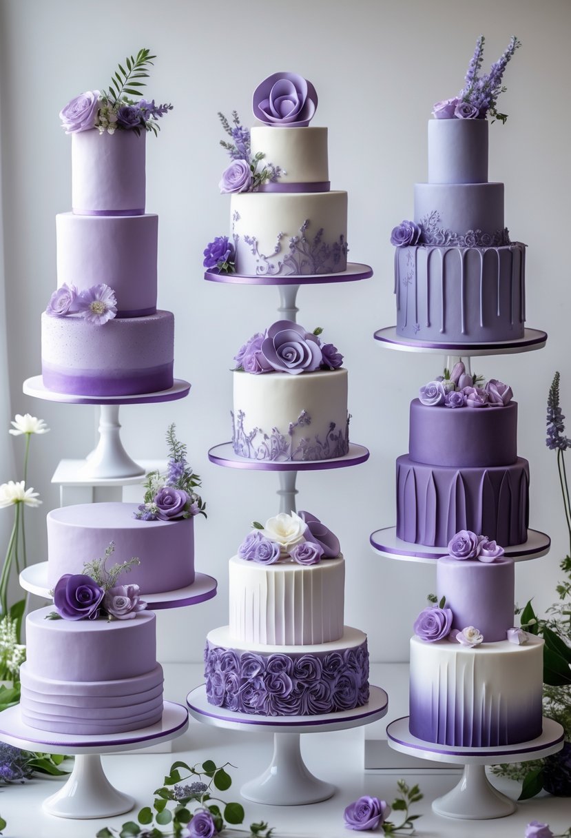 A display of fifteen purple wedding cakes with various designs and decorations arranged on cake stands.