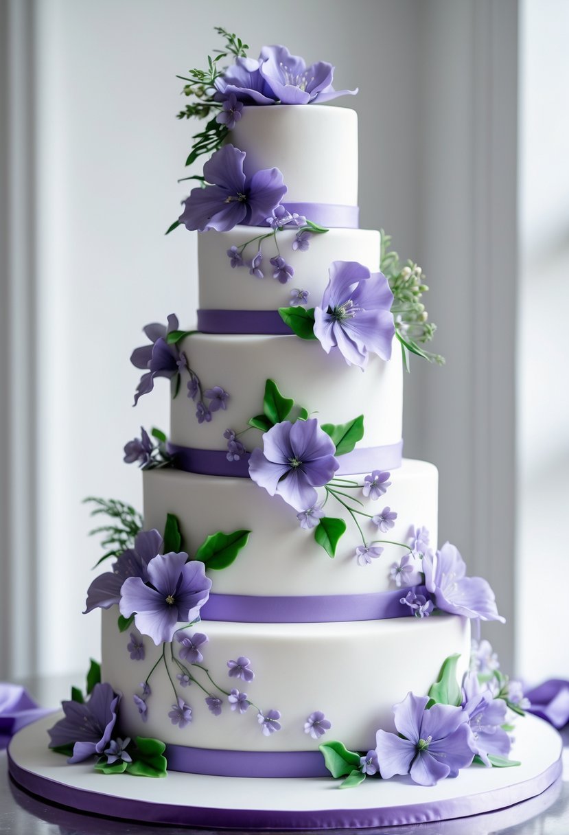 A three-tier wedding cake decorated with purple and white flowers.