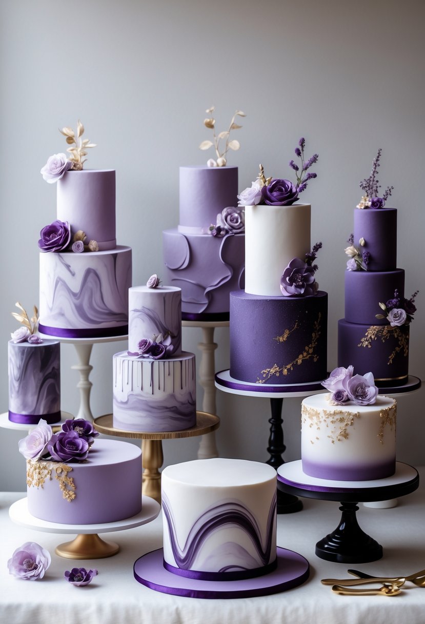 A collection of wedding cakes decorated with marbled fondant in lilac and deep purple shades on a neutral background.