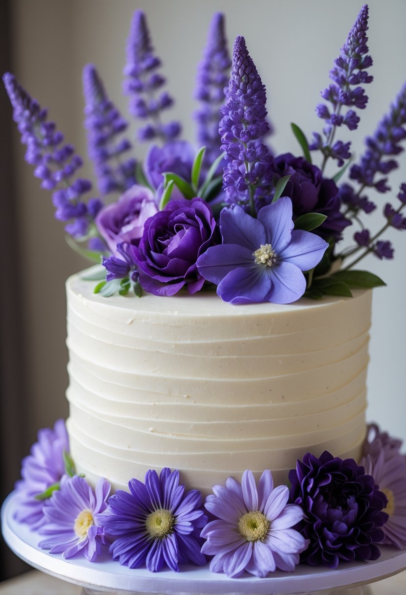 A wedding cake topped with fresh purple flowers and smooth buttercream frosting.