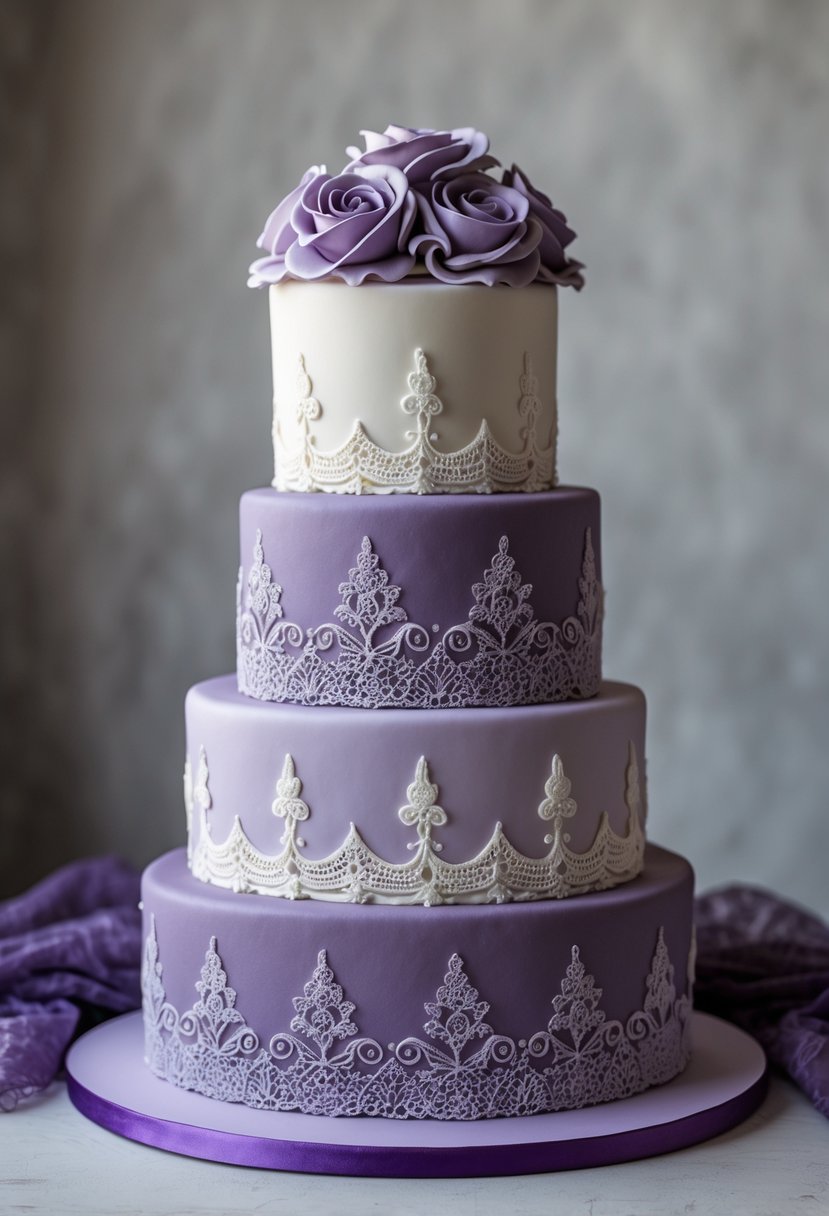 A purple wedding cake decorated with detailed lace patterns on multiple tiers.