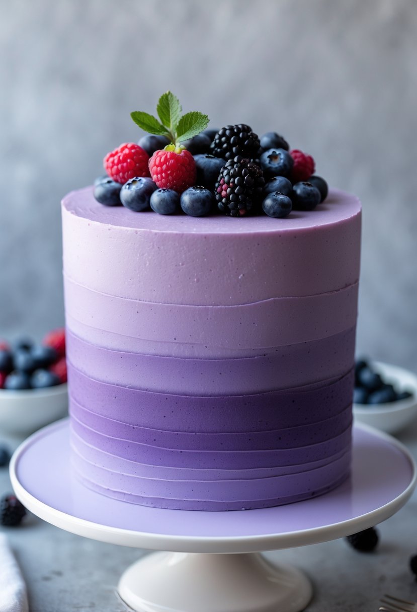 A purple wedding cake topped with mixed fresh berries on a white cake stand.