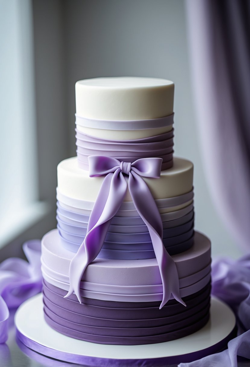 Two-tier wedding cake decorated with purple ribbon accents on each tier.